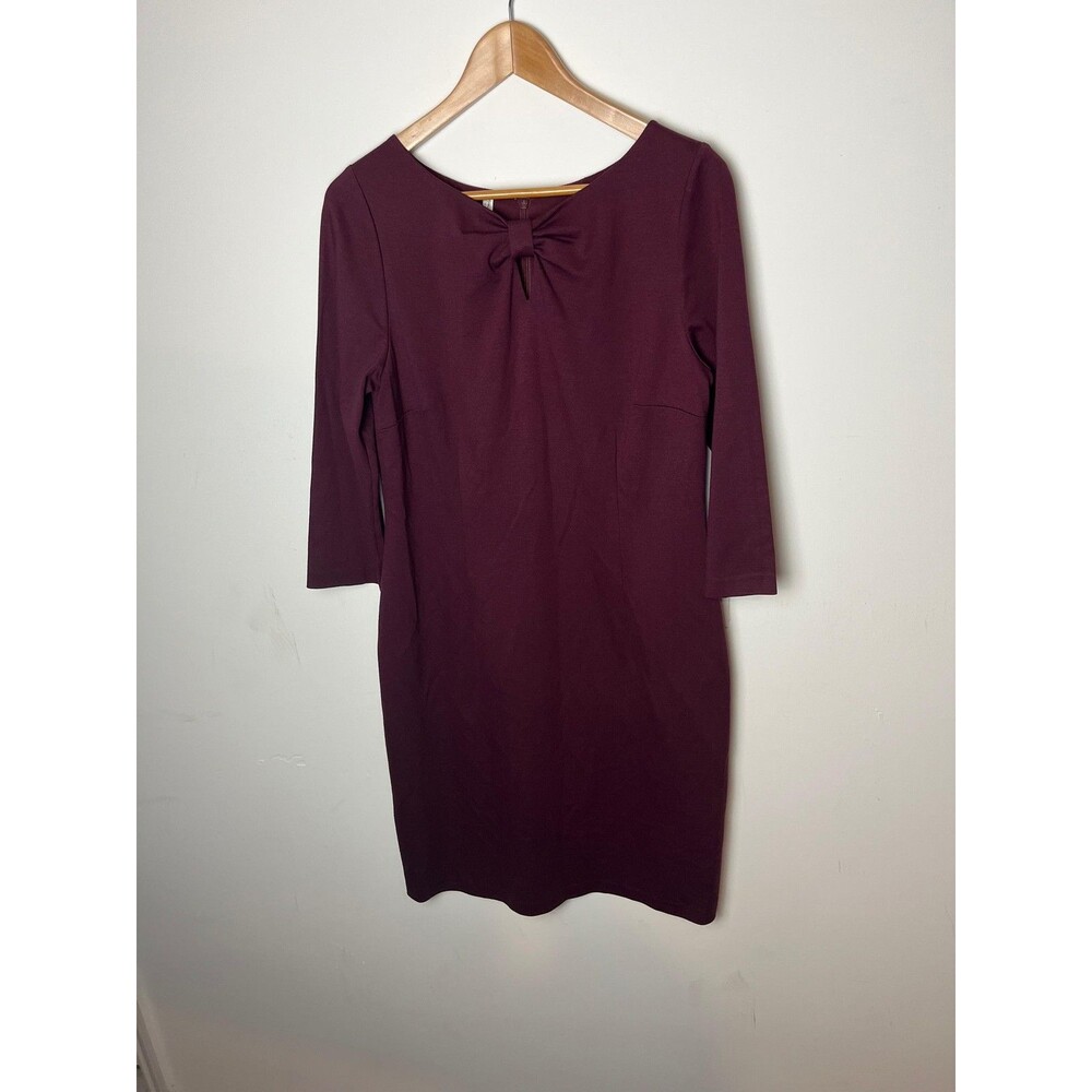 Talbots Dress Womens 10 Burgundy Wine Bow Neck Sheath 3/4 Sleeve Lined Stretch